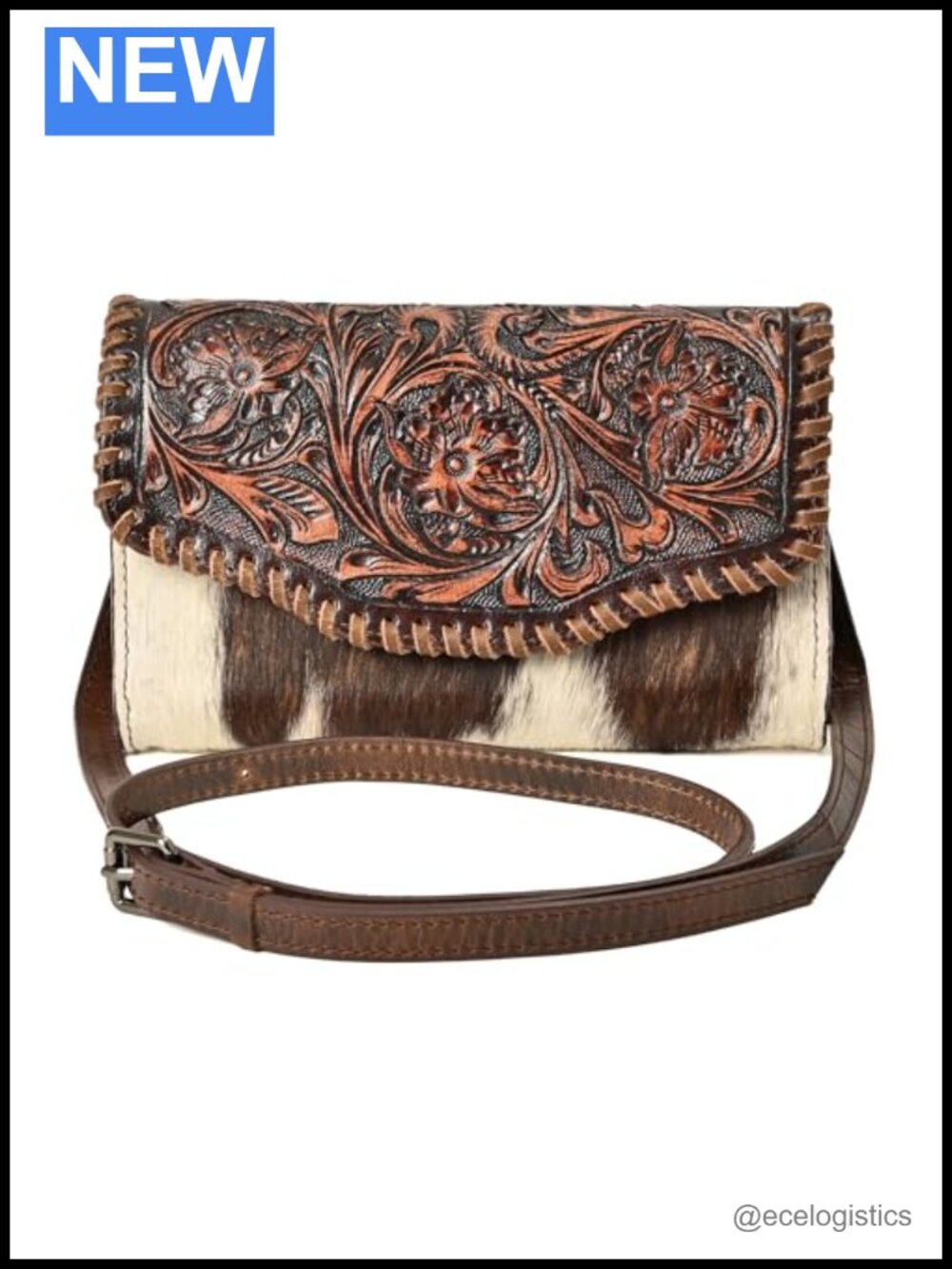 Hand-Tooled Floral Cowhide Hair-On Leather Western Crossbody Bag Sling Purse